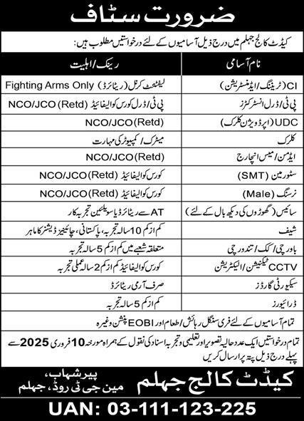 Cadet College Jhelum New Jobs 2025 for Non Teaching Staff