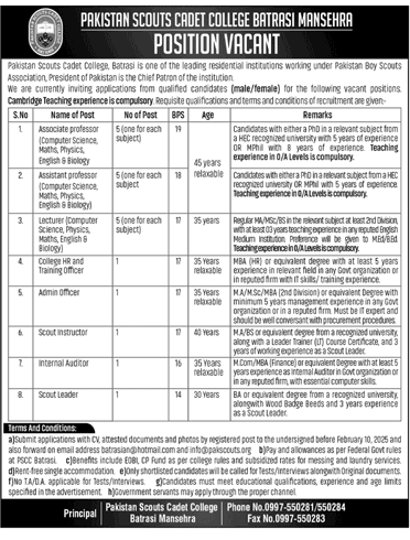 Pakistan Scouts Cadet College Batrasi Mansehra Jobs 2025