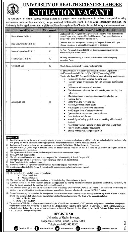 University of Health Science UHS Lahore Jobs 2025