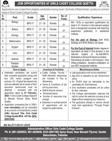 Girls Cadet College Quetta Teaching Jobs 2025